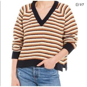 Madewell Striped V Neck Cotton Sweater, Earth Tones, Knit, XXS Extra Extra Small